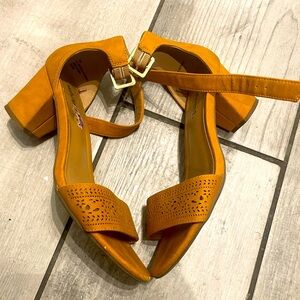 Mustard Yellow Laser cut Block Heel Sandals- 6.5